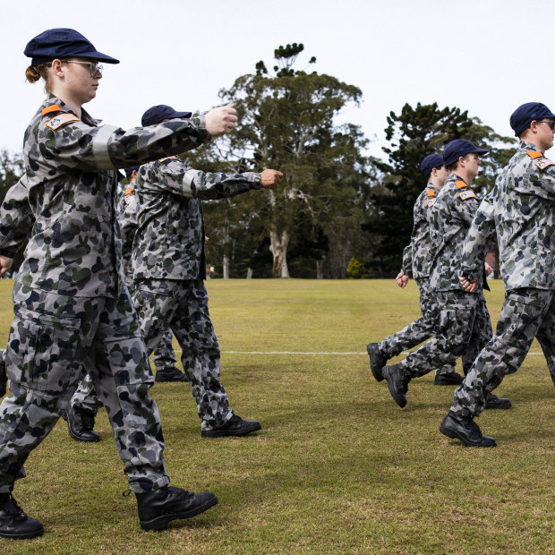 New recruits marching in a Covid-19 socially distanced drill formation during the New Entry Officers' Course at HMAS Creswell, Jervis Bay.