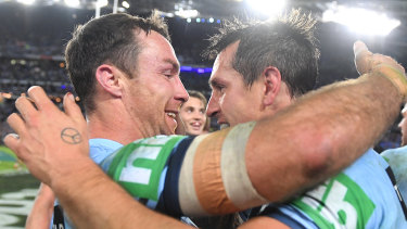 James Maloney with Mitchell Pearce after NSW won this year's Origin series.