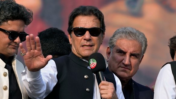 Former Pakistan prime minister Imran Khan at a rally in Lahore last year. He has now had terrorism charges filed against him.