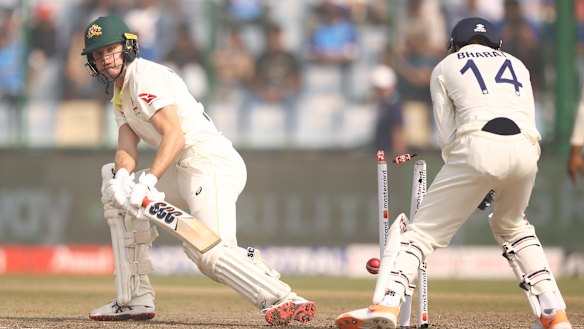 Matt Kuhnemann becomes the last wicket of Australia’s feeble second innings.