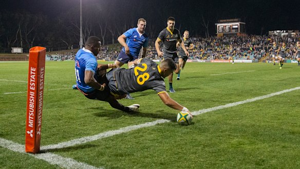 Rising star: Jordan Petaia scores during the Wallabies trial match last year.