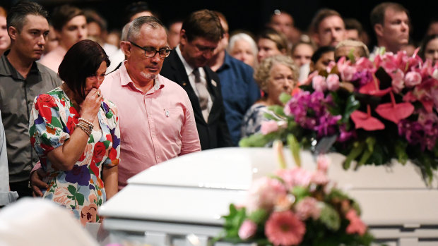Hannah Clarke's parents, Suzanne and Lloyd, during the funeral for Hannah and her three children Aaliyah, Laianah and Trey in Brisbane.