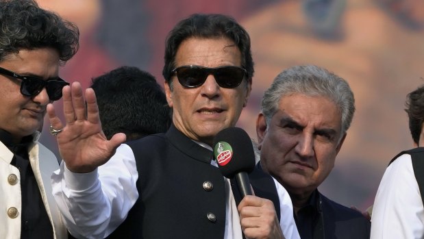 Former Pakistan prime minister Imran Khan at a rally in Lahore last year. He has now had terrorism charges filed against him.