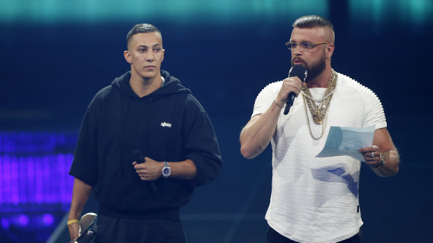 German rappers Kollegah and Farid Bang, whose song refers to “my body’s more defined than an Auschwitz inmate’s”  receive the "Hip-Hop/Urban national" award during the 2018 Echo Music Awards ceremony in Berlin. 