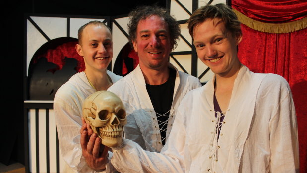 Ryan Pemberton, left,  James Scott and Brendan Kelly star alongside 'Lavinia the skull' in <i>The Complete Works of William Shakespeare (Abridged)</i>.
