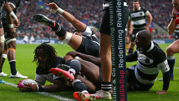 Mathieu Bastereaud crashes over for the Barbarians at Twickenham.