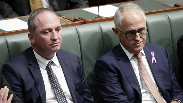Barnaby Joyce and Malcolm Turnbull in Parliament in February.
