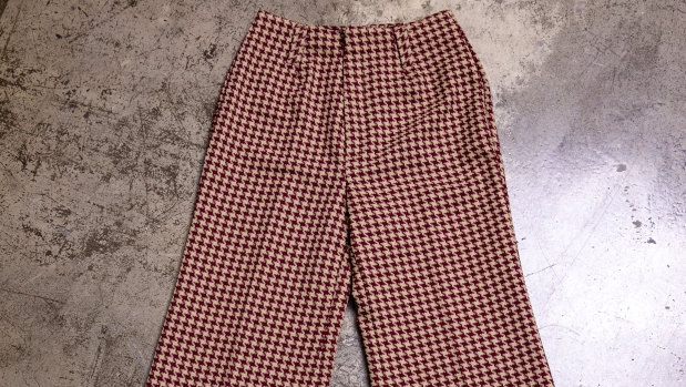 Houndstooth 1970s polyester flares, $150.