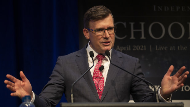 Federal Education Minister Alan Tudge speaks at the <i>Age</i> Schools Summit on Tuesday.