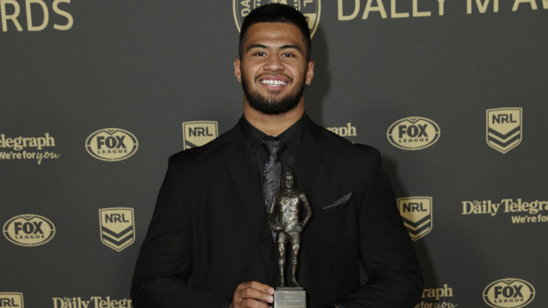 Payne Haas with his Rookie of the Year award at the 2019 Dally M Awards on Wednesday.