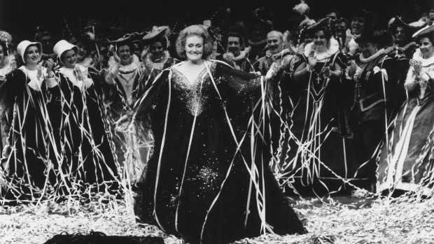 Dame Joan Sutherland covered in streamers after her last performance at the Sydney Opera House.