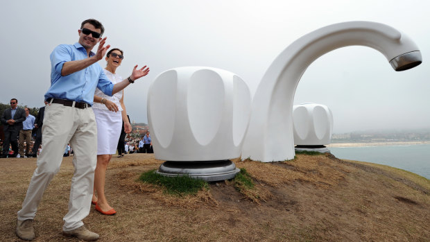 Princess Mary of Denmark and Prince Frederik of Denmark admire the view near the fibreglass artwork Who Left The Tap Running? by Australian artist Simon McGrath  during a visit to Sculpture by the Sea in 2011.