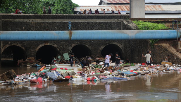 Rubbish left behind by receding flood waters from the Sunter River in East Jakarta.