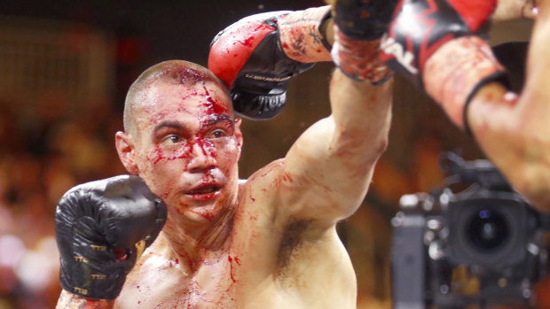 Tim Tszyu in the third round of his bout against Sebastian Fundora in Las Vegas.