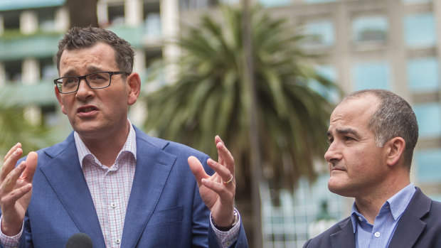 Premier Daniel Andrews and deputy James Merlino the day after being re-elected.