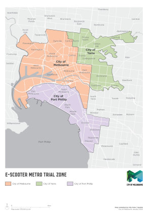 A map of the e-scooter trial underway since February 2022 in three local government areas in Melbourne.