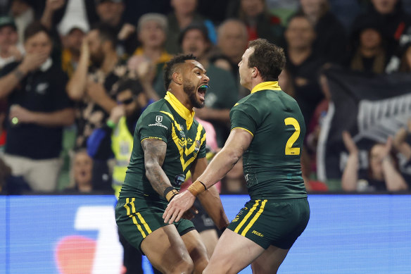 Dylan Edwards and Hamiso Tabuai-Fidwo celebrate.