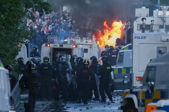 Police used water cannon against protesters in Newtownabbey, Belfast, on Wednesday. 
