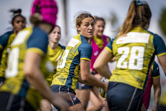 Arabella McKenzie running the Wallaroos attack at training. 