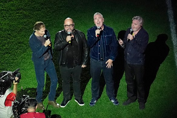 Yiiiiit’s been … about 30 years now: Barenaked Ladies, still going strong, singing at an NFL game last month. 
