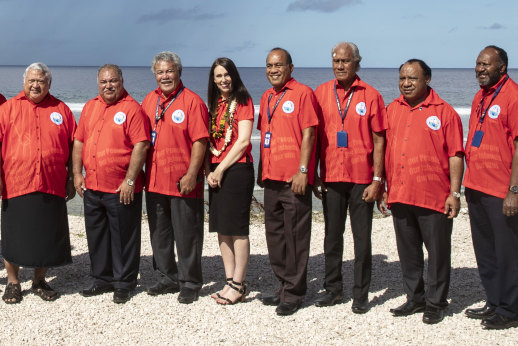 Nauru President Baron Waqa, second from left, poses with New Zealand Prime Minister Jacinda Ardern, fourth from left and other Pacific leaders for a group photo during the Pacific Islands Forum in Nauru in 2018. 