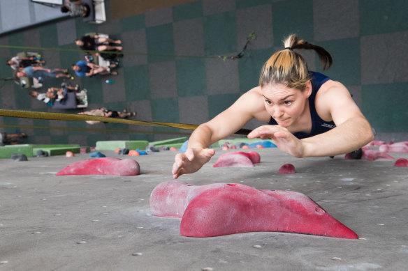 Don’t look down! Australia’s Oceana Mackenzie warms up for the Olympics. 