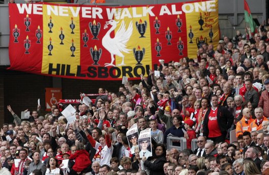 Fans mark the 20th anniversary of the Hillsborough Stadium disaster at Anfield Stadium in Liverpool, April 2009.