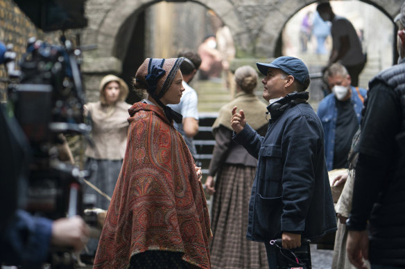 Sebastian Lelio, right, and Pugh on the set of The Wonder.