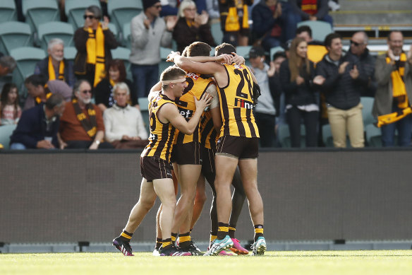 The Hawks celebrate their comeback win.