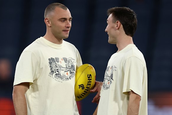 Will Hayward and Jagga Smith of the Blues in the warm-up.