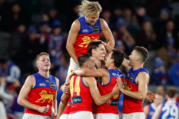 Eric Hipwood of the Lions celebrates his 6th goal.