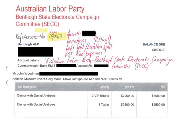 Invoice from Labor Party to property developer John Woodman for a fundraiser with Daniel Andrews. 