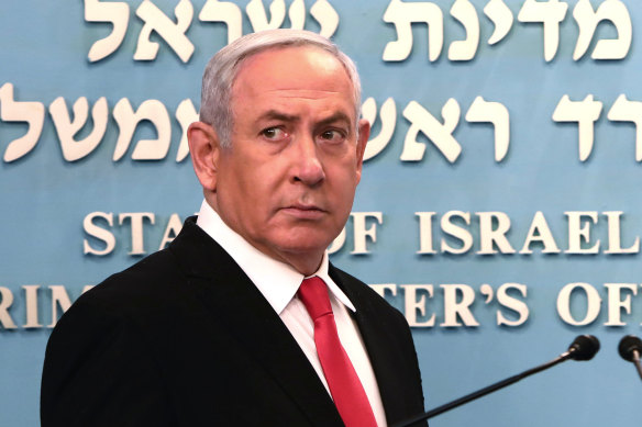 Prime Minister Benjamin Netanyahu at his Saturday announcement of a coronavirus lockdown.
