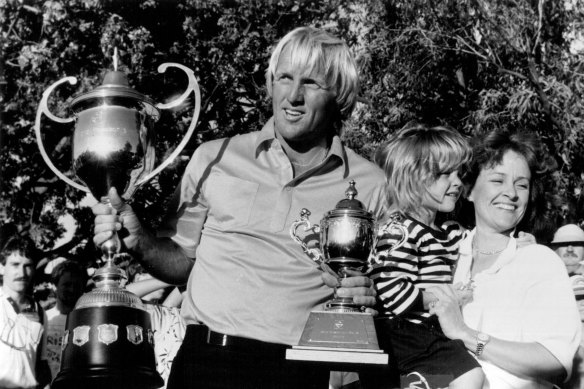 Greg Norman winning the NSW Open in 1986 with wife Laura and daughter Morgan Leigh.