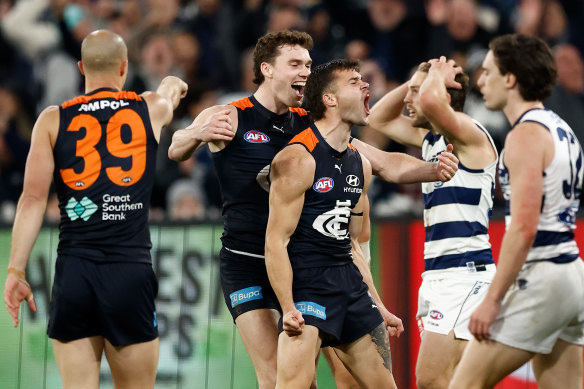 Lachlan Cowan of the Blues celebrates his first goal in the AFL.