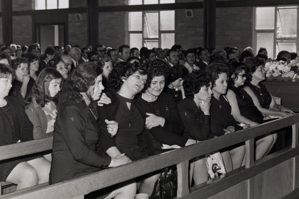 Portrait of grief: Laura Fahd at the funeral of her husband Kablan in 1975.