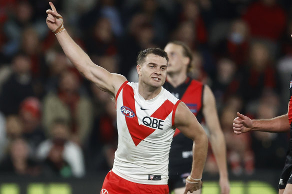 Tom Papley celebrates kicking a goal and hopes to be cheering home Getafix at Randwick on Saturday. 