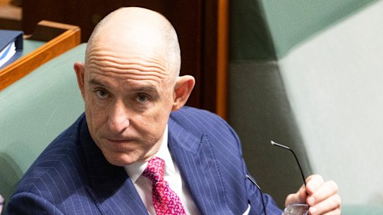 Shadow Assistant Treasurer Stuart Robert during a division in the House of Representatives at Parliament House in Canberra on Thursday 24 November 2022. fedpol Photo: Alex Ellinghausen