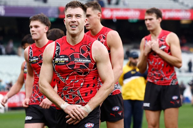 Zach Merrett of the Bombers looks dejected after a loss during the 2026 AFL Round 10 match between the Essendon Bombers and Walyalup (Fremantle Dockers) at the Melbourne Cricket Ground on May 17, 2026 in Melbourne, Australia. (Photo by Michael Willson/AFL Photos via Getty Images)