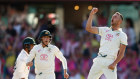 Josh Hazlewood celebrates the wicket of Sajid Khan on day three of the third Test at the SCG on Friday.