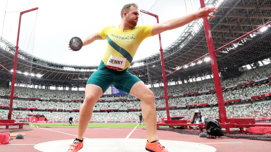 Matt Denny goes about business in the discus qualification at the Tokyo Games.