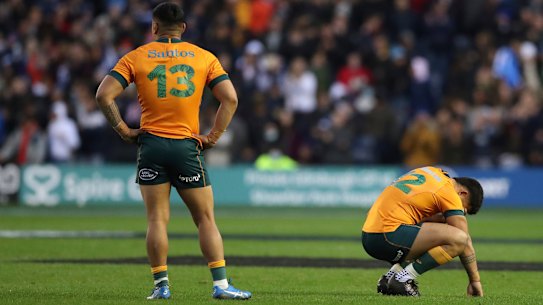 Dejected Wallabies: Len Ikitau and Hunter Paisami at Murrayfield.