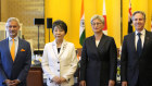 Foreign ministers at the Quad meeting in Tokyo on Monday. From left: India’s S.  Jaishankar, Japan’s Yoko Kamikawa, Australia’s Penny Wong, and US Secretary of State Anthony Blinken.
