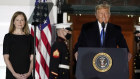 President Donald Trump speaks before Supreme Court Justice Clarence Thomas administers the Constitutional Oath to Amy Coney Barrett on the South Lawn of the White House. 