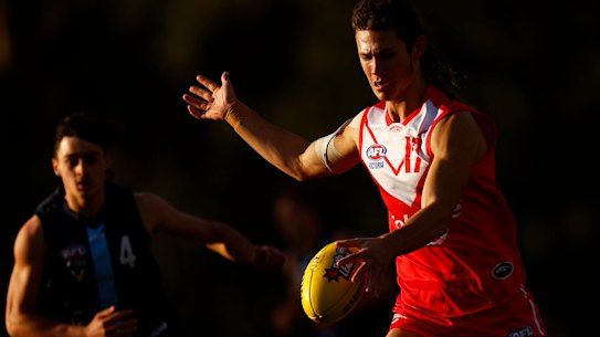 MELBOURNE, AUSTRALIA - MAY 07: Jai Culley of the Young Guns kicks the ball during the AFL Talent Pathway match between Young Guns and Vic Metro U18 at Avalon Airport Oval on May 07, 2022 in Melbourne, Australia. (Photo by Mike Owen/AFL 