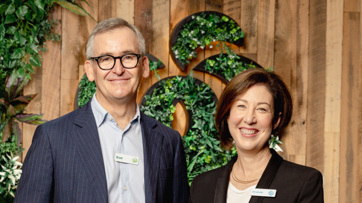 Woolworths CEO Brad Banducci with incoming CEO Amanda Bardwell who will take over in September.