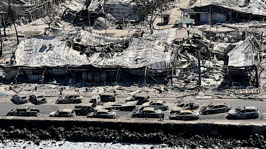 Shells of burnt-out buildings in Lahaina. 