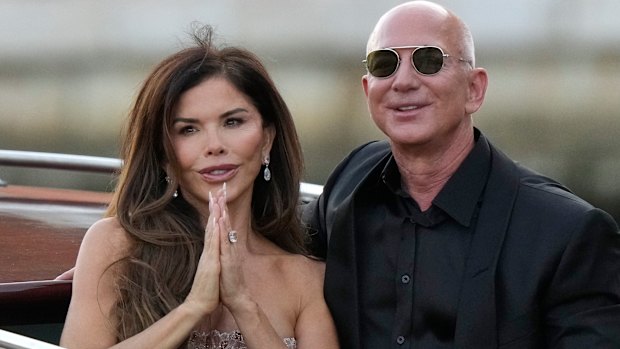 Newly married Lauren Sanchez Bezos and Jeff Bezos depart from the Aman hotel, where the couple took up residence during their wedding celebrations in Venice.