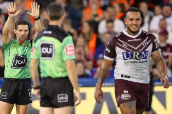 Manly prop Addin Fonua-Blake is sent to the sin bin last season under the two-referee format.