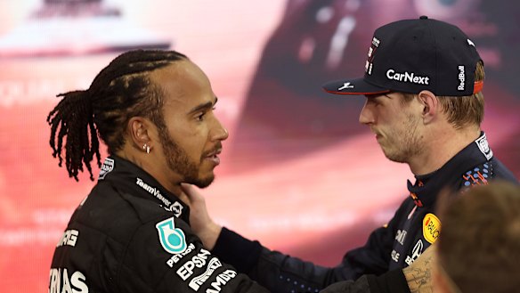Lewis Hamilton congratulates Max Verstappen.